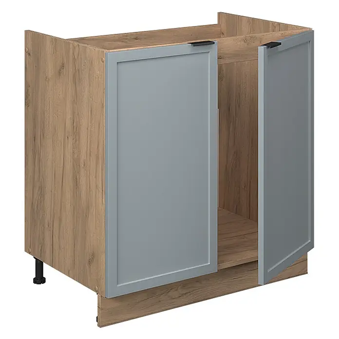 Vicco Schrankküche Fame-Line Hellblau-grau, AP Eiche - Hellblau-grau, Spülenunterschrank 80 cm, AP Eiche - Küchenunterschrank in Eiche-Optik mit zwei grauen Shaker-Türen, eine leicht geöffnet, und schwarzen Stellfüßen.