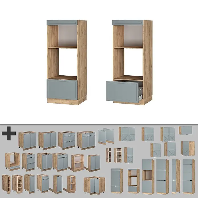Vicco Schrankküche Fame-Line Hellblau-grau offen - Hellblau-grau, Mikrowellenumbauschrank 60 cm (offen) - Modulare Küchenschrankkollektion mit hellem Holzdekor und grauen Fronten, inklusive Hochschränken und Unterschränken.