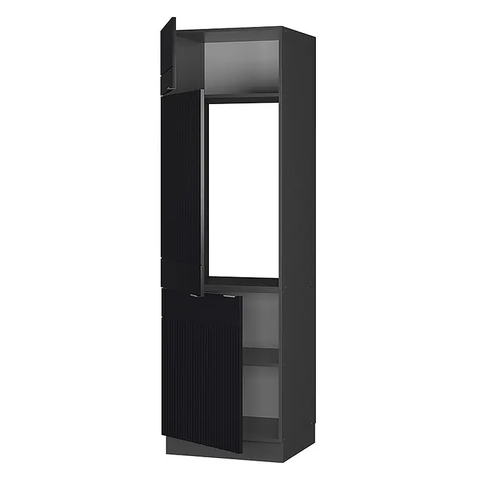 Vicco Schrankküche Fame-Line Schwarz gestreift - Schwarz gestreift, Kühlumbauschrank 60 cm - Hoher dunkelgrauer Schrank mit geriffelten Türen, teilweise geöffnet mit Stauraum und Einbaugeräteraum.