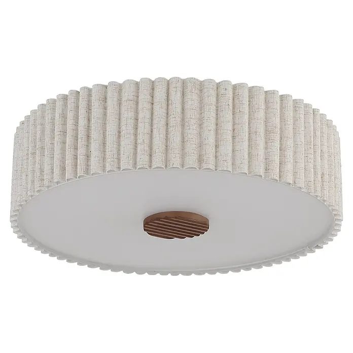 Globo Deckenleuchte rund Jannie - 40 W, Ø x H: 500 x 162 mm, E27 - Runde Deckenleuchte mit geriffeltem Stoffschirm und zentralem Holzdetail.