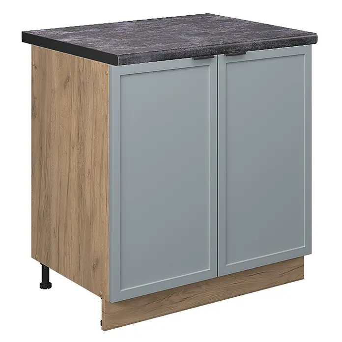 Vicco Schrankküche Fame-Line Hellblau-grau, AP Anthrazit - Hellblau-grau, Spülenunterschrank 80 cm - Zweitüriger hellgrauer Küchenunterschrank mit Holzoptik-Seiten, dunkler gesprenkelter Arbeitsplatte und schwarzen Griffen.