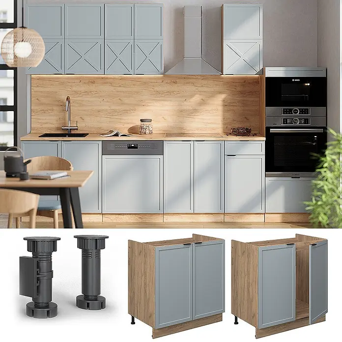 Vicco Schrankküche Fame-Line Hellblau-grau, AP Eiche - Hellblau-grau, Spülenunterschrank 80 cm, AP Eiche - Modulare hellblaue Küchenschränke mit Holzdetails, in moderner Küche gezeigt. Verfügen über hellblaue Paneeltüren und verstellbare Stützfüße.