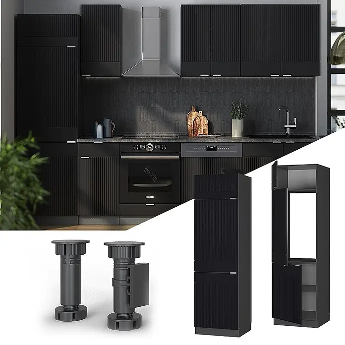 Vicco Schrankküche Fame-Line Schwarz gestreift - Schwarz gestreift, Kühlumbauschrank 60 cm - Moderne schwarze Küche mit gerippten Fronten, integrierten Geräten und separaten Ansichten von verstellbaren Füßen und Hochschrank.