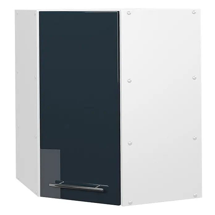 Vicco Schrankküche Fame-Line Dunkelblau Hochglanz - Breite: 57 cm, Dunkelblau Hochglanz, Eckhängeschrank 57 cm - Weißer Wandschrank mit glänzender dunkelblauer Tür und silbernem Griff.