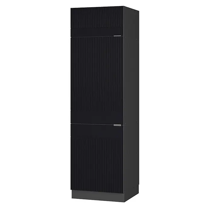 Vicco Schrankküche Fame-Line Schwarz gestreift - Schwarz gestreift, Kühlumbauschrank 60 cm - Hoher anthrazitfarbener Stauraumschrank mit geriffelten Türen, zwei glatten Querstreifen und eingelassenen Griffen.