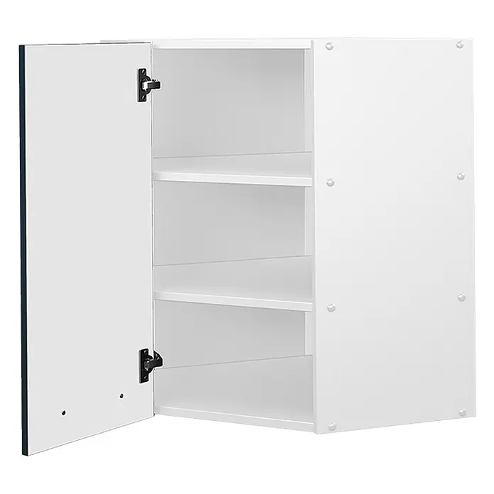 Vicco Schrankküche Fame-Line Dunkelblau Hochglanz - Breite: 57 cm, Dunkelblau Hochglanz, Eckhängeschrank 57 cm - Weißer Wandschrank mit offener Tür, zeigt drei Innenregale.