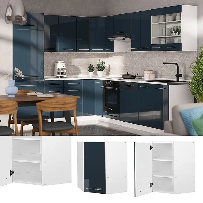 Vicco Schrankküche Fame-Line Dunkelblau Hochglanz - Dunkelblau Hochglanz, Eckhängeschrank 57 cm - Glänzende, marineblaue und weiße modulare Küchenzeile mit Wand- und Eckschränken in moderner Küche.