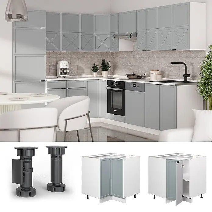 Vicco Schrankküche Fame-Line Hellblau-grau, AP Eiche - Hellblau-grau, Eckunterschrank, AP Eiche - Helle graue Küche mit funktionalem Eckunterschrank. Detailansichten zeigen die Ecklösung und verstellbare schwarze Möbelfüße.