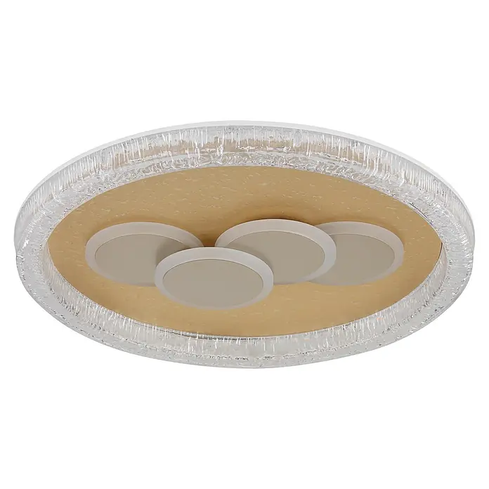 Globo LED-Deckenleuchte rund Loraine - 40 W, Ø x H: 49,5 x 70 cm - Runde Deckenleuchte mit goldfarbenem Sockel, klarem Strukturglasring und mehreren weißen Runddiffusoren.