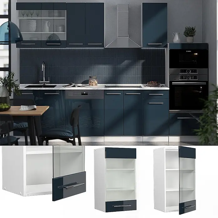 Vicco Schrankküche Fame-Line Dunkelblau Hochglanz - Dunkelblau Hochglanz, Hängeglasschrank 40 cm - Modulare Küchenschränke mit dunkelblauen Hochglanzfronten, integrierten Griffen und Glaswandelementen in einer modernen Küche.