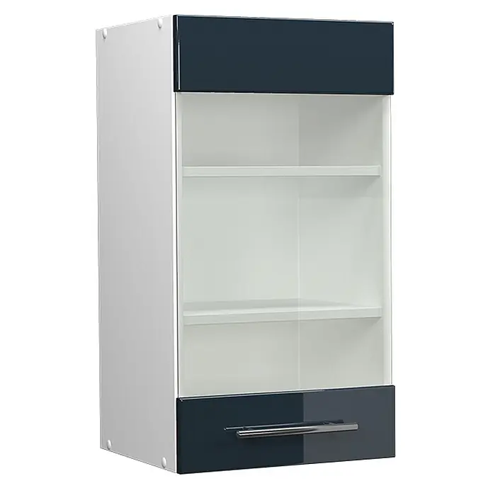 Vicco Schrankküche Fame-Line Dunkelblau Hochglanz - Dunkelblau Hochglanz, Hängeglasschrank 40 cm - Weißer und dunkelblauer Hängeschrank mit Hochglanzoberfläche, klarer Glasfront, zwei Regalböden und einer unteren Schublade mit Metallgriff.