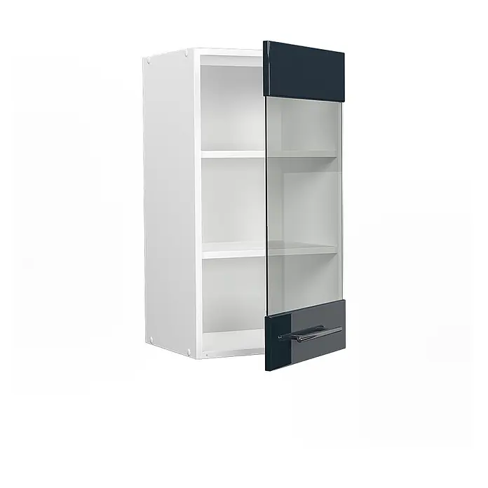 Vicco Schrankküche Fame-Line Dunkelblau Hochglanz - Dunkelblau Hochglanz, Hängeglasschrank 40 cm - Weißer Wandschrank mit dunkelblauer Glastür und Griff, teilweise geöffnet, zeigt Regale.