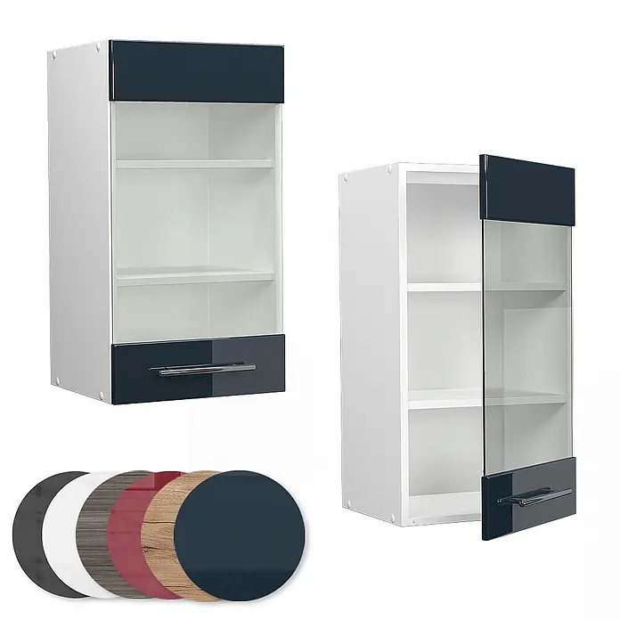 Vicco Schrankküche Fame-Line Dunkelblau Hochglanz - Dunkelblau Hochglanz, Hängeglasschrank 40 cm - Weißer Küchenhängeschrank mit dunkelblauen Hochglanz-Blenden, Glastür und Griff. Farbmuster inklusive.