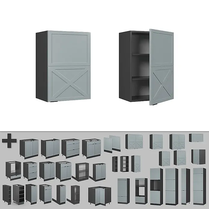 Vicco Schrankküche Fame-Line Hellblau-grau - Hellblau-grau, Hängeschrank 50 cm - Sammlung modularer hellgrauer Küchenschränke, teils mit X-Türen, teils offen mit Regalen.