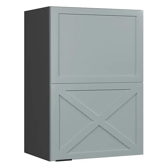Vicco Schrankküche Fame-Line Hellblau-grau - Hellblau-grau, Hängeschrank 50 cm - Hellgrauer Zweitürer-Wandschrank: oben im Shaker-Stil, unten mit X-Muster, dunkelgraue Seiten.