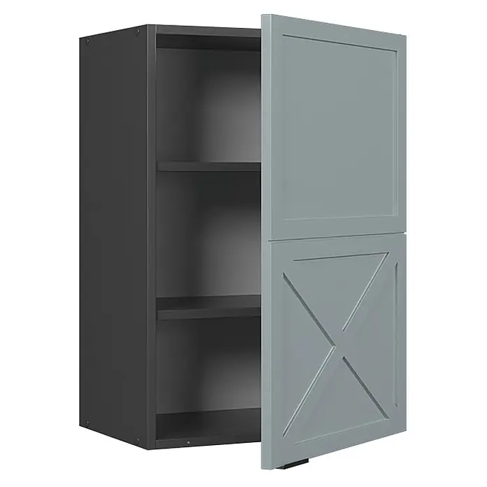 Vicco Schrankküche Fame-Line Hellblau-grau - Hellblau-grau, Hängeschrank 50 cm - Dunkelgrauer Schrank mit Regalböden. Die hellgraue, teilweise offene Tür hat Zierpaneele.