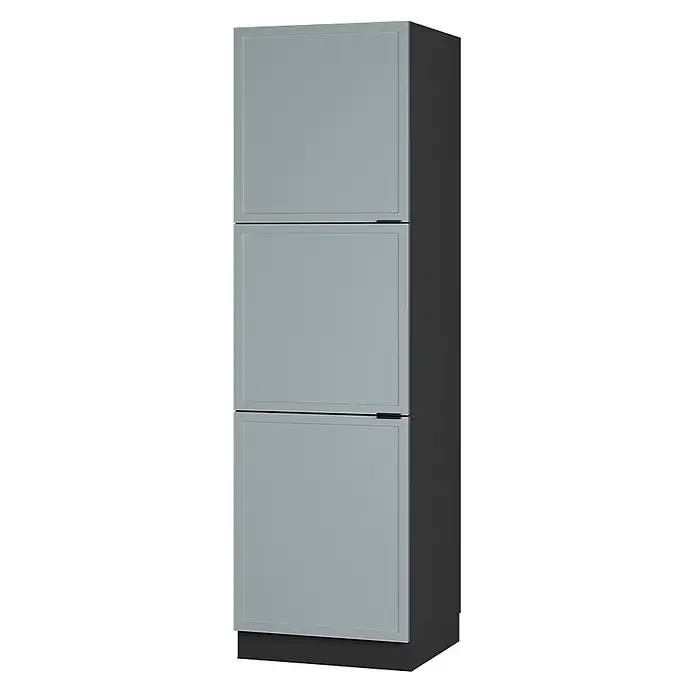 Vicco Schrankküche Fame-Line Hellblau-grau - Hellblau-grau, Herdumbauschrank hoch 60 cm - Hoher grauer Lagerschrank mit drei Türen und dunklem Rahmen.