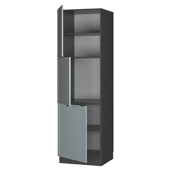 Vicco Schrankküche Fame-Line Hellblau-grau - Hellblau-grau, Herdumbauschrank hoch 60 cm - Hoher, dunkelgrauer Schrank mit hellgrauen Türen, teilweise geöffnet, die Regale zeigen.