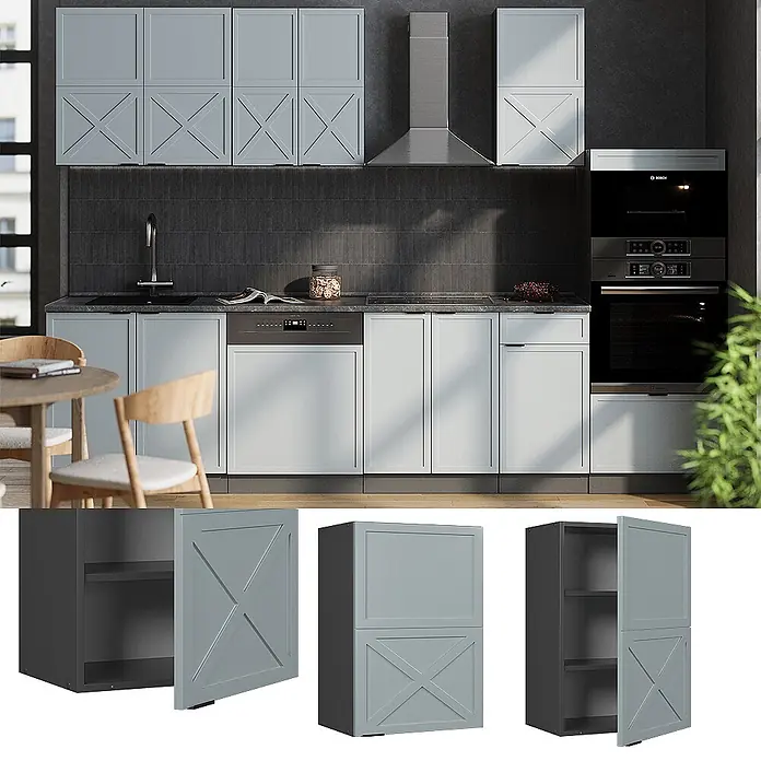Vicco Schrankküche Fame-Line Hellblau-grau - Hellblau-grau, Hängeschrank 50 cm - Hellgraue Küchenschränke mit dekorativen X-Muster-Türen in einer modernen Küche.