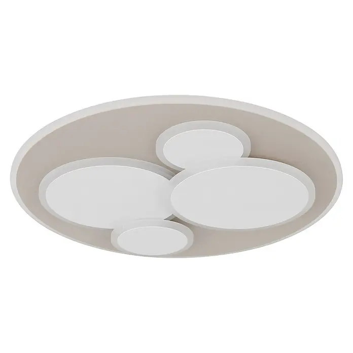 Globo LED-Deckenleuchte rund Monty - 40 W, Warmweiß - Moderne LED-Deckenleuchte mit überlappenden runden Elementen in Weiß und Hellbeige.
