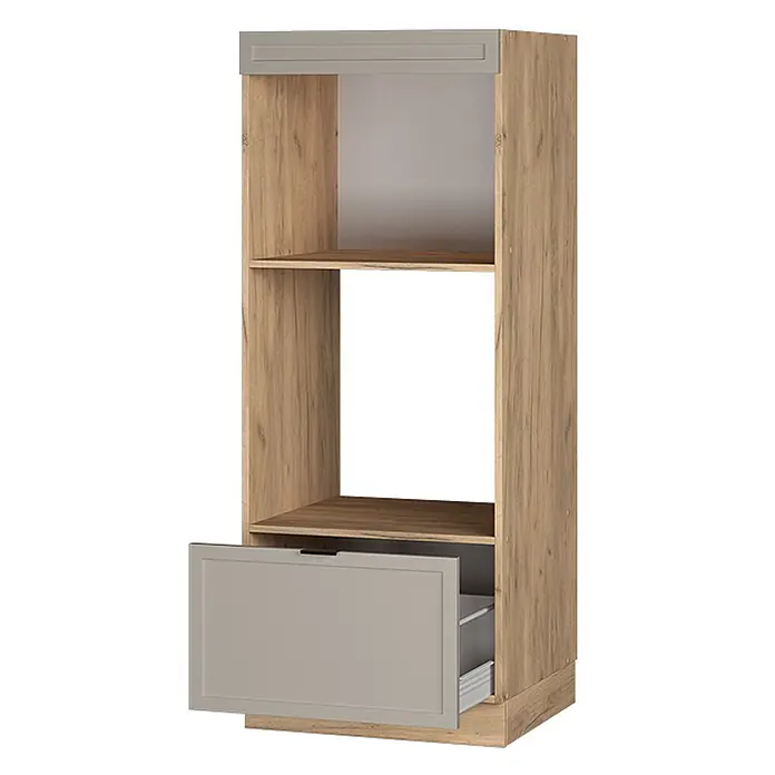Vicco Schrankküche Fame-Line GrauBeige offen - GrauBeige, Mikrowellenumbauschrank 60 cm (offen) - Hoher Küchenschrank in heller Holzoptik mit grauer Obertür und geöffneter unterer Schublade, mit zwei offenen Fächern.