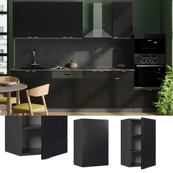 Vicco Schrankküche Fame-Line Schwarz gestreift - Schwarz gestreift, Hängeschrank 45 cm - Schwarze geriffelte Küchenschränke mit vertikaler Rillenstruktur, in einer modernen Küche gezeigt.