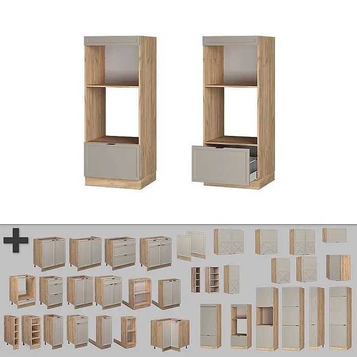 Vicco Schrankküche Fame-Line GrauBeige offen - GrauBeige, Mikrowellenumbauschrank 60 cm (offen) - Hoher Küchenschrank aus hellem Holz für Ofen mit grauer Schublade, zusammen mit passenden Modulen.