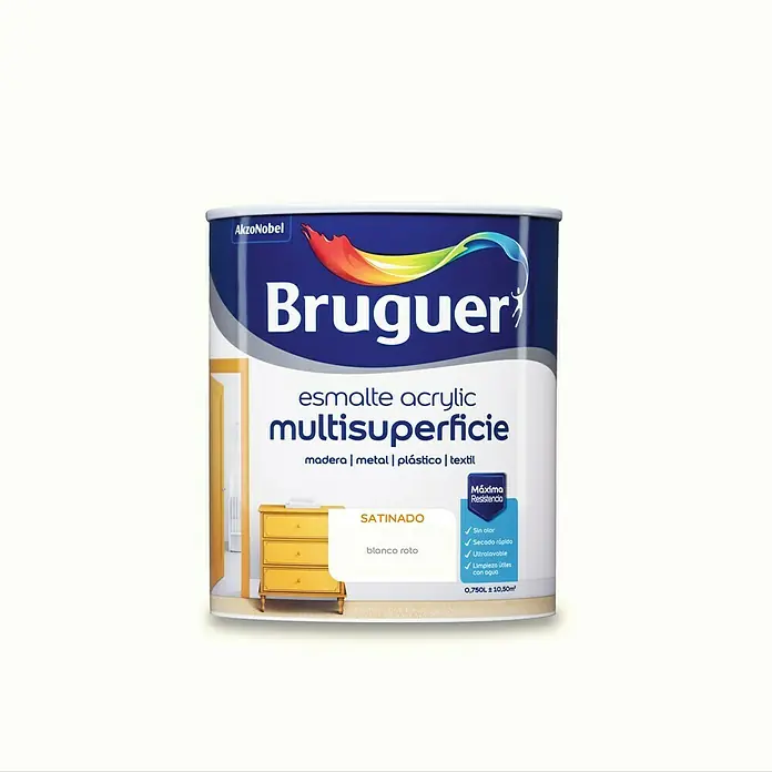 Bruguer Esmalte de color Acrylic Multisuperficie - Blanco Roto, Satinado, 750 ml, Base de agua - Bote de pintura acrílica multi superficie Bruguer, color Blanco Roto, acabado satinado, ideal para madera, metal, plástico y textiles.