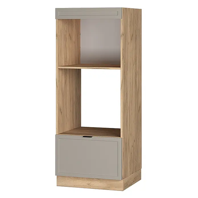 Vicco Schrankküche Fame-Line GrauBeige offen - GrauBeige, Mikrowellenumbauschrank 60 cm (offen) - Hoher Küchenschrank in heller Holzoptik mit grauer Blende & Schublade. Zwei offene Fächer für Geräte & eine Unterschublade.