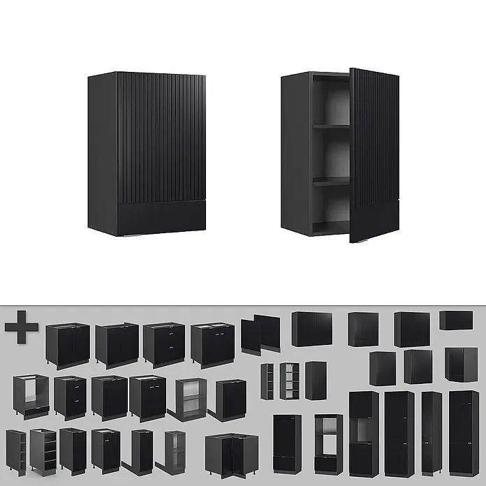 Vicco Hängeschrank Fame-Line, Schwarz gestreift, 45 cm -  - Satz schwarzer modularer Küchenschränke mit geriffelten Türen, zeigt verschiedene Konfigurationen für die Lagerung.