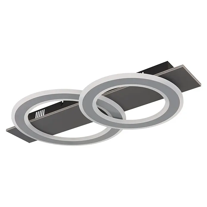 Globo LED-Deckenleuchte Jayden - 40 W, L x B x H: 630 x 350 x 70 mm, Warmweiß - Moderne LED-Deckenleuchte mit zwei ineinandergreifenden weißen und grauen Ringen auf dunkelgrauem Sockel.