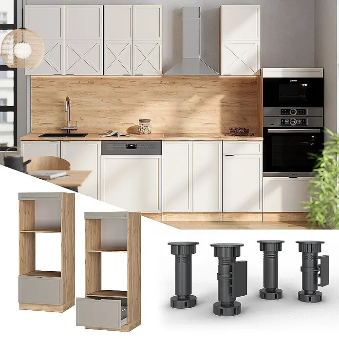 Vicco Schrankküche Fame-Line GrauBeige offen - GrauBeige, Mikrowellenumbauschrank 60 cm (offen) - Moderne weiße Küche mit Holzdetails, Einbaugeräten, zwei modularen Holz/Grau-Regalen und vier dunklen verstellbaren Möbelfüßen.