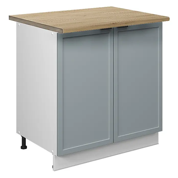 Vicco Schrankküche Fame-Line Hellblau-grau mit Regal, AP Eiche - Hellblau-grau, Unterschrank 80 cm - Küchenunterschrank mit zwei blaugrauen Shaker-Türen und heller Holzoptik-Arbeitsplatte.