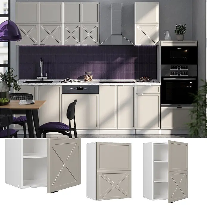 Vicco Schrankküche Fame-Line GrauBeige - GrauBeige, Hängeschrank 50 cm - Beige Küchenschränke mit Türen im X-Muster in einer modernen Küche.