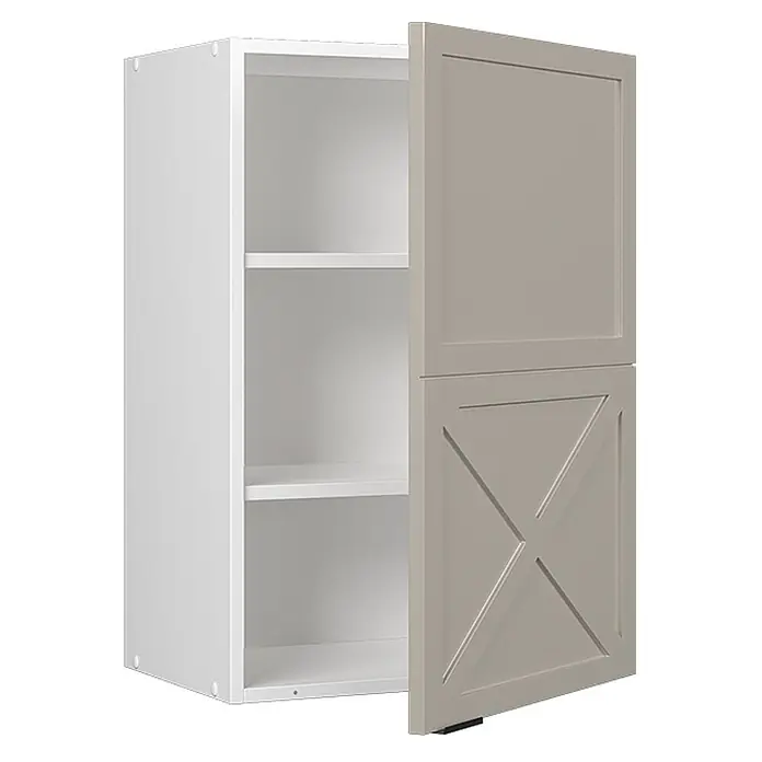 Vicco Schrankküche Fame-Line GrauBeige - GrauBeige, Hängeschrank 50 cm - Weißer Wandschrank mit zwei Regalböden und offener beiger Tür; das untere Türfeld hat ein Kreuzmuster.