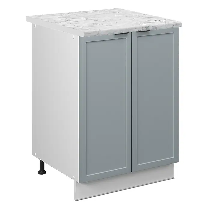 Vicco Schrankküche Fame-Line Hellblau-grau, AP Marmor - Hellblau-grau, Unterschrank 60 cm, AP Marmor - Heller Unterschrank mit zwei grauen Kassettentüren, schwarzen Griffen und weißer Marmor-Arbeitsplatte.