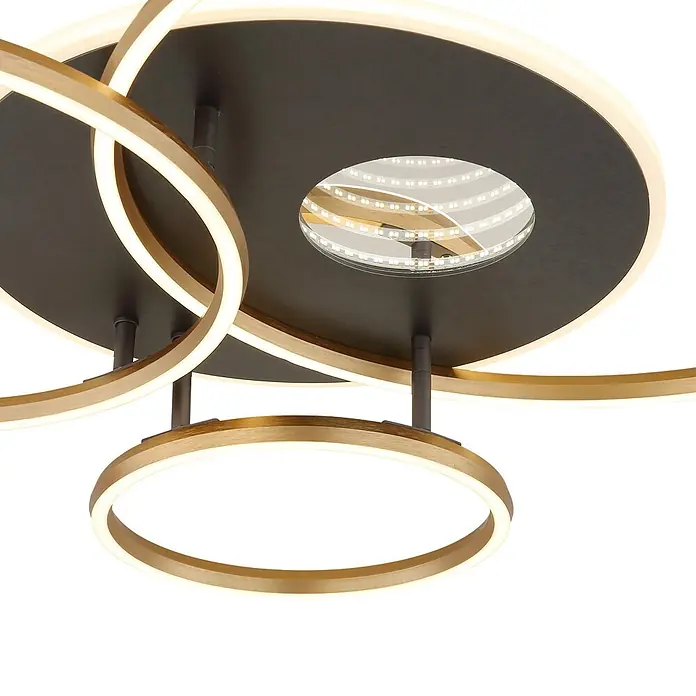 Globo LED-Deckenleuchte Invertina - 54 W, L x B x H: 900 x 700 x 130 mm - Moderne schwarze und goldene LED-Deckenleuchte mit mehreren beleuchteten Ringen und zentralem LED-Kreis.