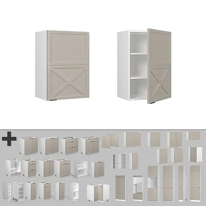 Vicco Schrankküche Fame-Line GrauBeige - GrauBeige, Hängeschrank 50 cm - Sammlung weißer Küchenschränke mit beigen Türen, teils mit Scheunentor-X-Muster.