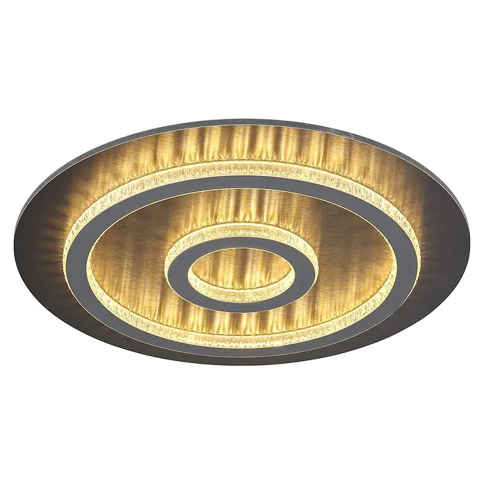 Globo LED-Deckenleuchte rund Jayden - 40 W, Ø x H: 45 x 5,5 cm - Moderne runde Deckenleuchte mit konzentrischen Ringen aus gebürstetem Gold und beleuchteten klaren Kristallakzenten.