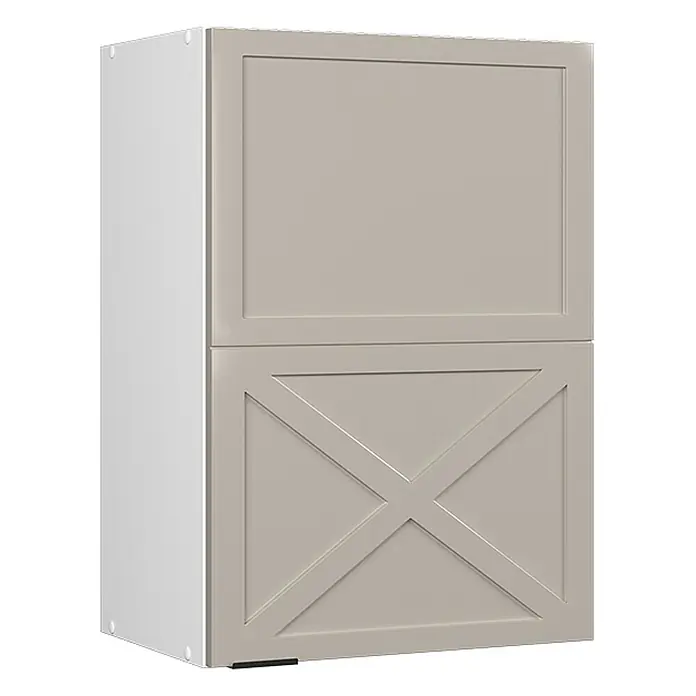 Vicco Schrankküche Fame-Line GrauBeige - GrauBeige, Hängeschrank 50 cm - Zweitüriger taupefarbener Schrank mit weißen Seiten. Die obere Tür hat eine Kassettenfüllung, die untere ein Kreuzmuster.