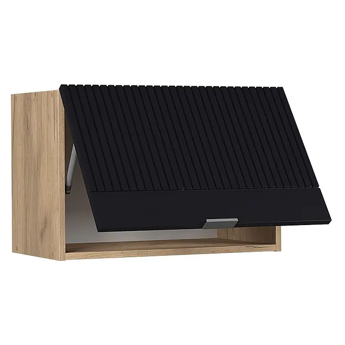 Vicco Hängeschrank Fame-Line, Schwarz gestreift, 60 cm -  - Hängeschrank aus hellem Holz mit schwarzer, geriffelter Klapptür, teilweise offen, mit silbernem Griff.