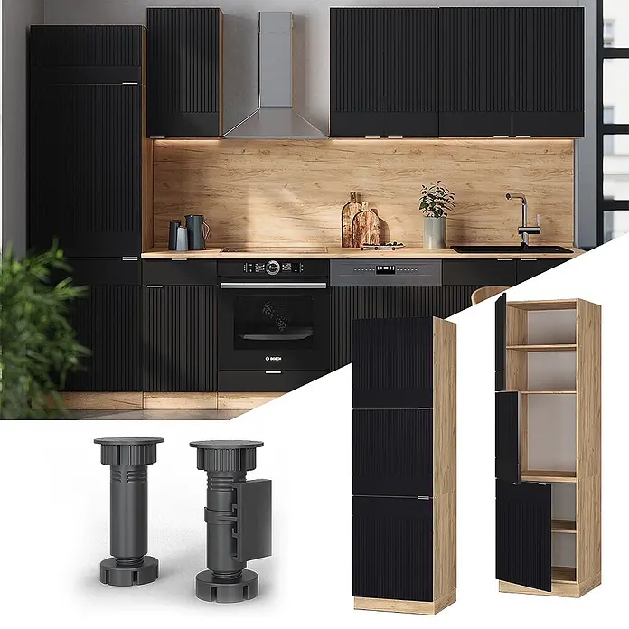 Vicco Schrankküche Fame-Line Schwarz gestreift - Schwarz gestreift, Vorratsschrank 60 cm - Moderne schwarze Küchenfronten mit Rippenstruktur und hellen Holzdetails, verstellbare Füße und Hochschrank.