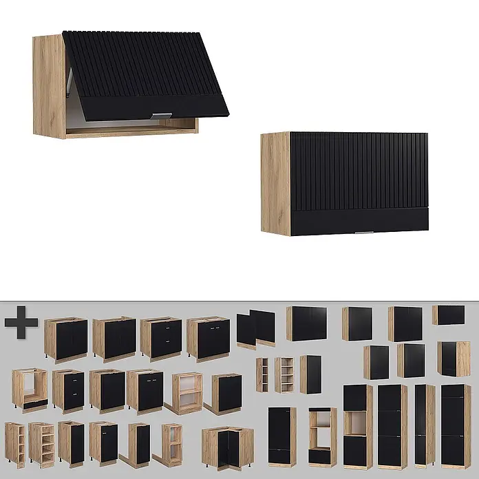 Vicco Hängeschrank Fame-Line, Schwarz gestreift, 60 cm -  - Modulare Küchenschränke mit hellem Holzdekor und schwarzen geriffelten Türen in verschiedenen Konfigurationen.