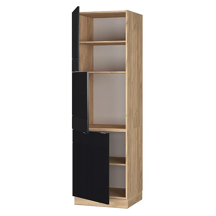 Vicco Schrankküche Fame-Line Schwarz gestreift - Schwarz gestreift, Vorratsschrank 60 cm - Hohes Eicheneffekt-Bücherregal mit offenen Fächern und drei schwarzen, geriffelten Push-to-Open-Türen.