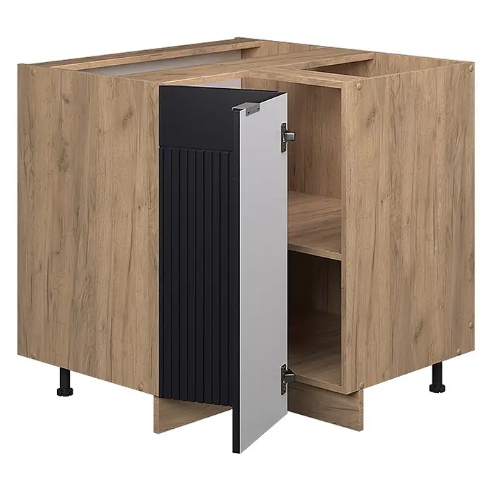 Vicco Eckunterschrank Fame-Line, Schwarz gestreift, 80.5 cm -  - Eck-Küchenunterschrank in Holzoptik mit schwarzer Lamellenfront, offener grauer Tür und Ablageböden.