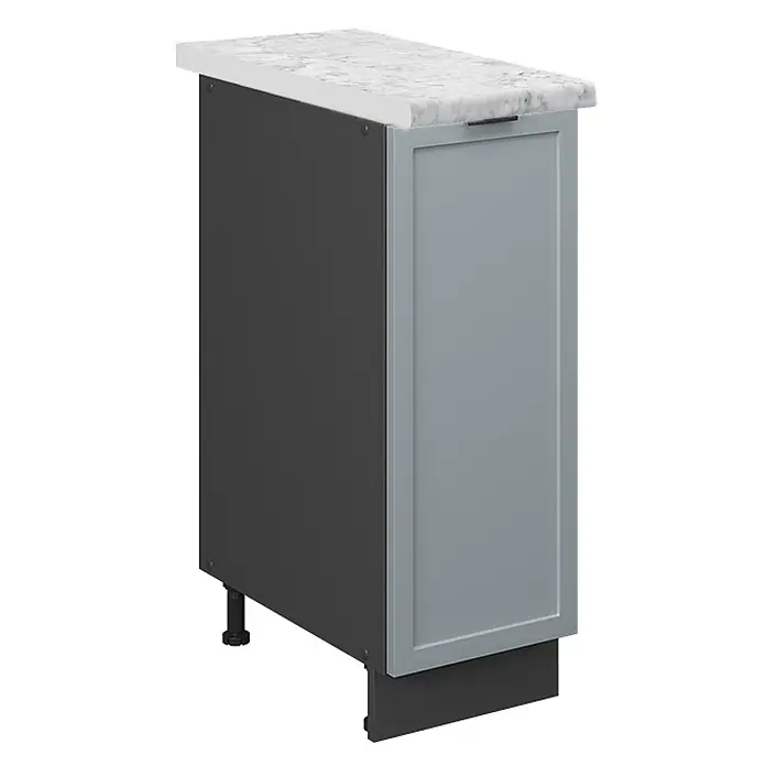 Vicco Schrankküche Fame-Line Hellblau-grau, AP Marmor - Hellblau-grau, Apothekerunterschrank 30 cm, AP Marmor - Heller grauer Shaker-Unterschrank mit weißer Marmor-Arbeitsplatte, dunkler Seitenplatte und integriertem schwarzem Griff.