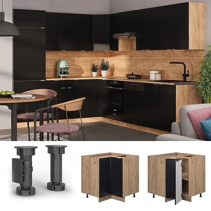 Vicco Schrankküche Fame-Line Schwarz gestreift, AP Eiche - Schwarz gestreift, Eckunterschrank, AP Eiche - Modulare Küche mit schwarzen geriffelten Schränken, hellen Holzdekorplatten. Verstellbare Füße und Eckschrankdetails.