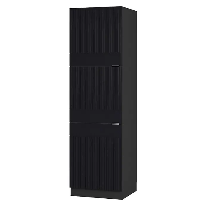 Vicco Vorratsschrank Fame-Line, Schwarz gestreift/Anthrazit 60 cm -  - Hoher schwarzer Schrank mit geriffelten Türen, glatten Paneelen und minimalistischen Metallgriffen.
