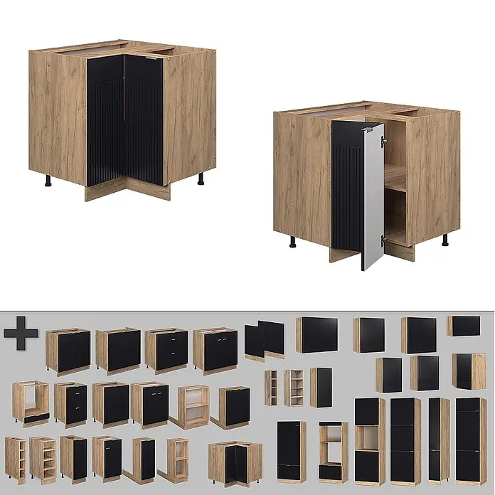 Vicco Eckunterschrank Fame-Line, Schwarz gestreift, 80.5 cm -  - Modulare Küchenschränke in heller Holzoptik mit schwarzen geriffelten Türen, inklusive Eckschränken.