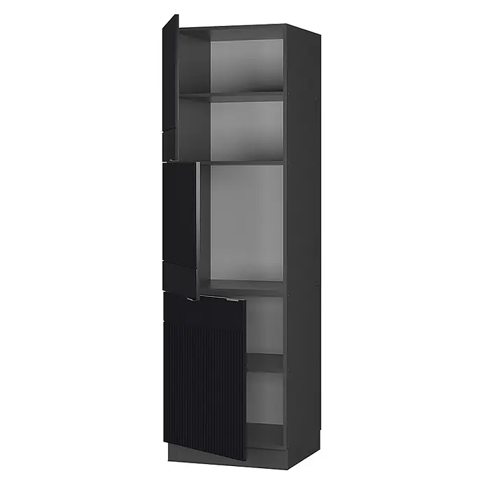 Vicco Vorratsschrank Fame-Line, Schwarz gestreift/Anthrazit 60 cm -  - Dunkelgrauer Hochschrank mit offenen Regalen und zwei halb geöffneten Türen mit geriffelter Textur.